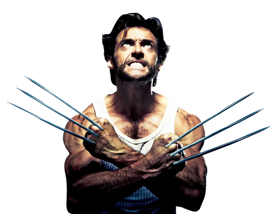 Hugh Jackman as Wolverine looks up angrily gritting his teeth and flaring his knife fingers at the universe.