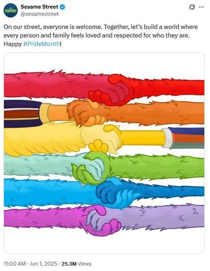 Text reads: "On our street, everyone is welcome. Together, let's build a world where every person and family feels loved and respected for who they are. Happy #PrideMonth!" The image shows colorful muppet arms reaching out from either side and holding hands, forming a pride rainbow.
