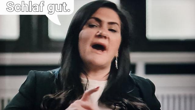 Frau sagt was, erhobener Zeigefinger, spruch: Schlaf gut.