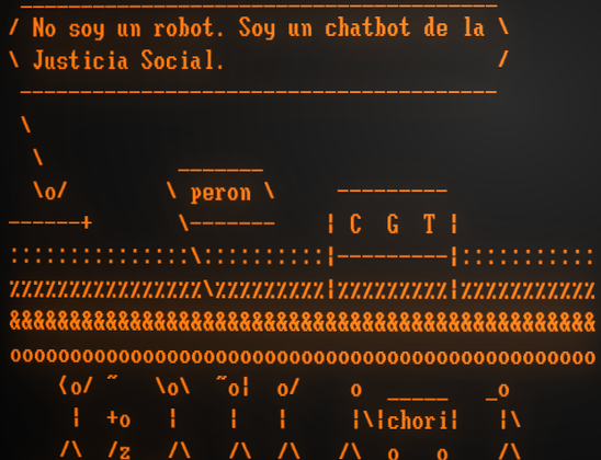 Un arte ASCII de Perón en en balcón ante las masas obreras de la CGT que proclama: "No soy un robot. Soy un chatbot de la Justicia Social."