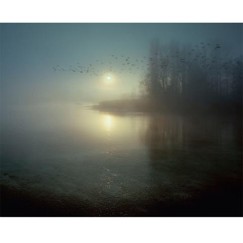 This photograph shows the winter sunrise as seen from the island of Werd. A flock of birds is just passing by in the direction of the Rhine. It was a very cold morning and the thick fog only lifted shortly before I took this picture. The play of colors created by the light of the sun instantly transformed the landscape, which had been bathed in a grey, gloomy atmosphere just a short time before. Maybe that's why I still remember this morning so vividly today. 
Technical note: I used an analog medium format camera and negative film for this photo.