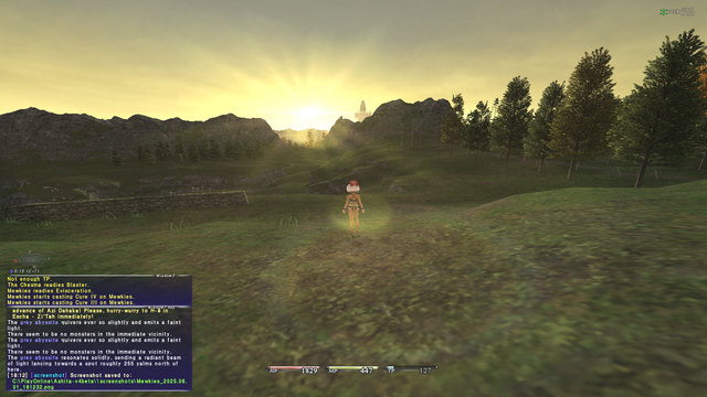 Mewkies the mithra staring at a sunrise in a grassy field, adorned with trees, stone fencing, and rocky hills. The tip of Crag of Holla pokes out behind one of the hills.