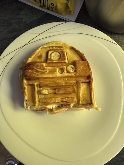 A fresh R2-D2 waffle on a plate.