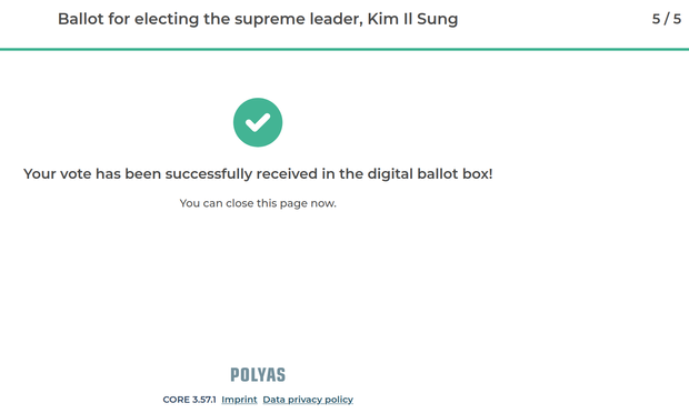 Grüner Haken, darunter: Your vote has been successfully received in the digital ballot box.