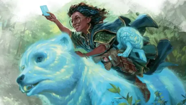 Official D&D artwork, featuring a female gnome Druid riding a giant spirit bear with an intellect devourer companion at her side.