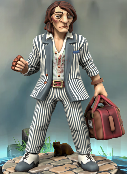 A skinny, white man is standing on a brown cobblestone road. He has messy, long brown hair, slightly larger than average eyes, and much larger than average nose. There is a bruise under his right eye and a nosebleed coming from his left nostril.

He is dressed in a dark grey pinstriped suit. The jacket is open, revealing several dried blood stains on his light blue shirt. The man is holding a red and brown leather duffle bag in his left hand and wearing copper knuckle dusters on his right.