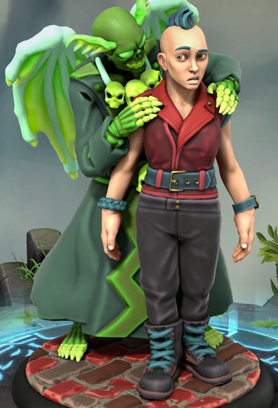 A young, white woman is standing on a red brick surface. She is dressed in a punk style with a red leather vest, and has a short, dark blue Mohawk for hair. She has a worried expression, with a raised right eyebrow, and her eyes pointing to her right.

Behind the woman is a glowing green spirit. The spirit looks like a skeleton wearing a strange robe and a necklace with three small skulls. He has large, bright green orbs filling up the eye sockets, skeletal wings sticking out from his back, and insectoid antenna on the forehead. The spirit has his bony hands on the woman's shoulders, and is looking as if he is whispering something into her right ear.