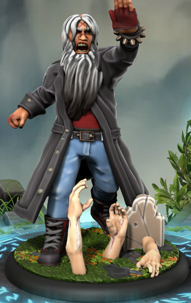 A dishevelled old man is standing behind a gravestone. He has long, grey hair and a very long and dirty grey beard, but no moustache. On his forehead is a jagged, X shaped scar. He wears an open black trench-coat, jeans, and black boots. The old man is raising his right arm and screaming something in an angry expression. 

In front of the tomb stone, three damaged and decomposing arms are rising out of the dirt...