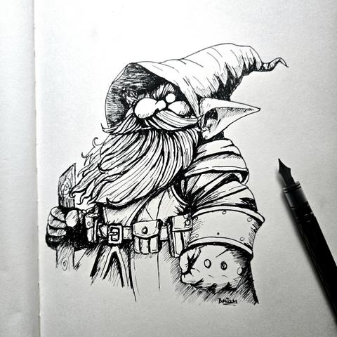 a ink drawing of a dwarf