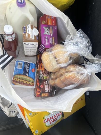 A grocery bag with hotdog and burger buns, hotdogs and burgers, ketchup, millk, coffee cream and cat food. And on the side is a case of pop