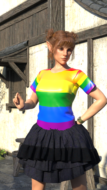 A elf girl wearing a Rainbow shirt!