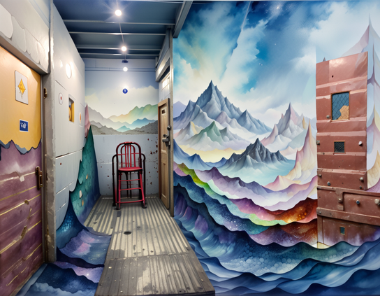 An industrial, below decks ship hallway, with painted mountain and ocean murals, bare light bulbs, and a tall red metal chair on a distressed plank floor.