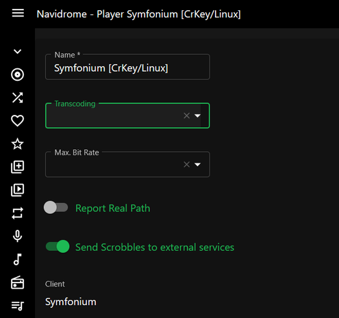 Screenshot of the Navidrome web UI setting page, where a user can edit the name, transcoding file format, and and bit rate of third-party players and clients.