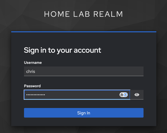 The login screen of my Keycloak server where I'm logging in.  The title shows it's my Home Lab Realm