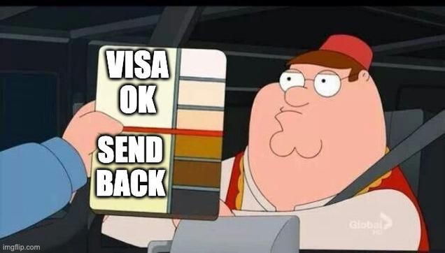 A screen-cap of Peter Griffin from the cartoon "Family Guy", wearing a fez and standing at an immigration counter while an immigration officer checks his skin color against a chart. The top three lighter shades are labeled "Visa OK", and the bottom three darker shades are labeled "Send back". (Via IimgFlip, imgflip.com/i/9jgvcm)