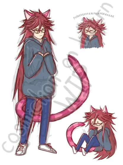 Set of three digital roughly colored sketches of Grell Sutcliff from Black Butler (in her Cheshire Cat form from the Ciel In Wonderland OVA). In all of them she is wearing a grey hoodie, blue tight jeans and white sneakers. The one on the left is the biggest one, it is a full body piece, she is just standing with a blank expression and balling her fists to her chest. The one on the top right corner is a bust piece in chibi style, she is squeezing her eyes shut and purring loudly. The one on the bottom right is a full body piece in chibi style, she seems to be floating in the air. The background is white.