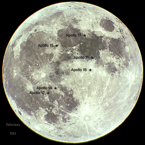 On a full disk view of the Moon's near side the locations of the Apollo Missions are mapped out.
At the top right a small darkened oval is the Sea of Crisis. Under it from Right to left are the Sea of Fertility, the Sea of Tranquility (Southern edge is Apollo 11 Landing and Apollo 16 below it within the Highlands which show up brighter than the seas. The Sea of Serenity features Apollo 17 landing site near the top edge joining Tranquility (imagine an ice cream cone shape) with the large oval Sea of Rains (Apollo 15 lies within a darkened area which looks like a W jutting into the Apeninnes Mtns) sprawling out to the left which fades off into the Ocean of Storms taking up most of the left side of the moon.
Below the Sea of Fertility is a small one called the Sea of Nectar, below Serenity is the Sea of Vapors, and Central Bay underneath. To the left of Central Bay is the Known Sea where Apollo 12 and 14 landed under the large Crater Copernicus.
Below Copernicus is the small ovall of the Sea of Moisture below the Ovean of Storms and the Sea of Clouds rests to the right of Moisture below the Known Sea.