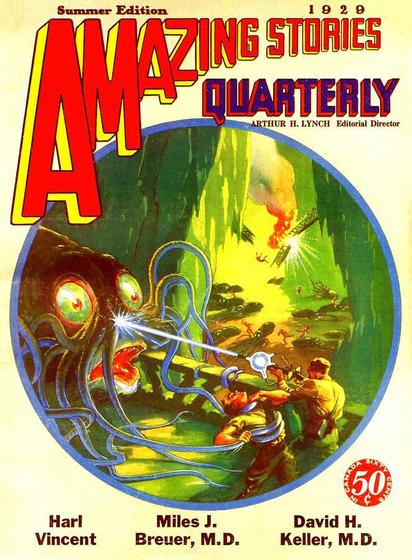 In the foreground two male figures are being attacked by a big creature with long tentacle arms and big bulging green eyes, on a bridge or gantry. In the background many other such creatures and human figures are seen in conflict and a similar bridge structure is collapsing as a result of an explosion.
Amazing Stories magazine cover from 1929.