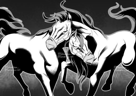 Digital, black and white, illustration of two horses wearing KN95 respirators, gently embracing as their manes and tails flow in the air.