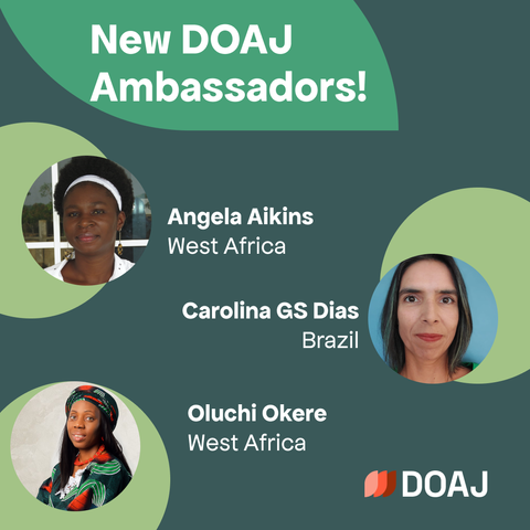 Green banner with DOAJ logo and with three head shots of Angela Aikins Oluchi Okere and Carolina Dias