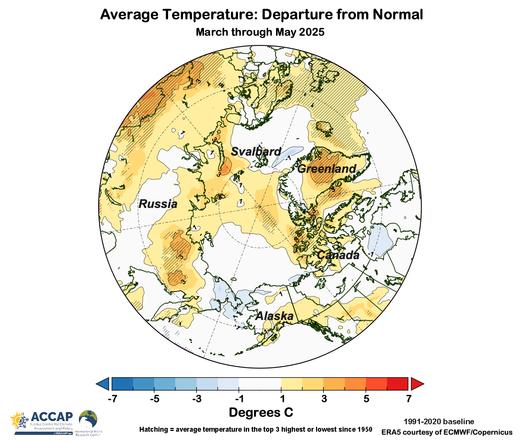 Map centered on the North Pole showing the temperature departure (ºC) from the 1991-2020 baseline average.