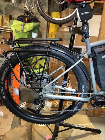 Side angle detail of rear rack and fender test fitting