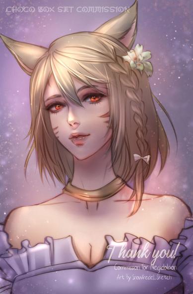 airbrush sketch commission portrait of wol OC ffxiv ff14 final fantasy xiv for Negidolaon the character is female cute miqote in light purple dress with golden short hair art by snowfredel
#mysketch