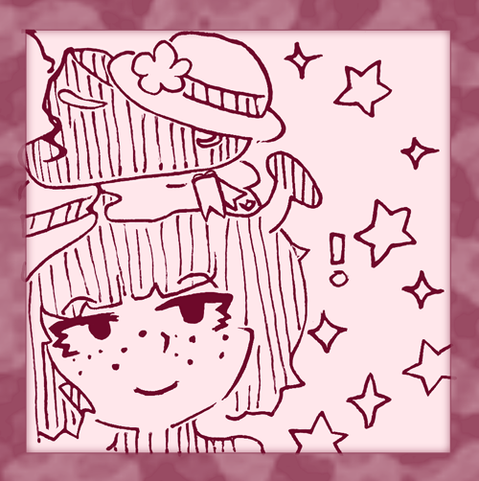 An ink drawing of a Little Brown Mushroom girl proudly wearing a stack of hats.