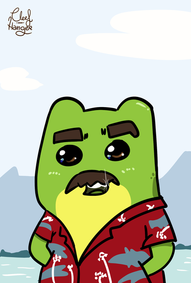 Uncle Estevan who resembles the protagonist of Magnum Pi  in a beach with his hawaian red shirt and his big moustache and eyebrows, smiling with sparkles to the camera.