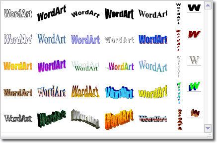 Ein Screenshot von WordArt in MS Word. Es zeigt die Zeichenkette "WordArt" schräg, gebogen, verzerrt, gewellt und gestaucht als Vorschau in einem 6x5 Raster. (Kontext: Es ist schrecklich und Leute aus dem Bereich Typographie bezeichnen sowas als Todsünde.)