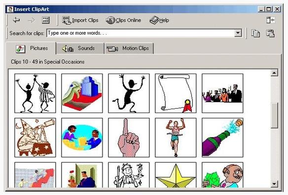 Ein Screenshot von ClipArt in MS Word. Ein Auswahlfenster für Cliparts mit Suchleiste. Es sind die Tabs "Pictures", "Sounds" und "Motion Clips" zu sehen. Die Vorschaubilder (5x3 Raster) zeigen Strichmännchen, comichafte Darstellungen von Personengruppen, Zauberern, Mitarbeitenden, Läufern, Hände, Urkunden, Sektflaschen, Sternen und Wachstumsgraphen. Generell stilisierte Krakelzeichnungen in niedriger Qualität und sie haben nur wenig Farben, was auf das Alter der Grafiken zurückzuführen ist.
