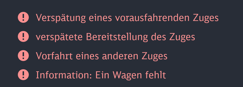 Ausschnitt aus dem DB-Navigator mit vier Warnungen / Fehlermeldungen zu einer einzigen S-Bahn-Fahrt.
