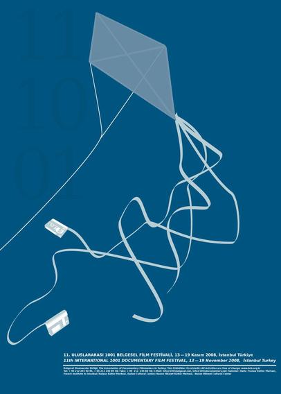 Graphical poster showing a kite with a made of MiniDV video tapes. The text underneath it says „11th International 1001 Documentary Film Festival, 13 – 19 November 2008, Istanbul, Turkey“ in Turkish and English.