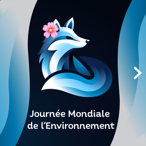 Le petit logo renard de chez Goupil revêti une petite fleur de cerisier sur l'oreille. Une légende texte : "Journée Mondiale de l'Environnement"