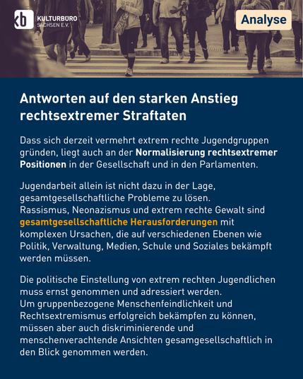 Antworten auf den starken Anstieg rechtsextremer Straftaten

Dass sich derzeit vermehrt extrem rechte Jugendgruppen gründen, liegt auch an der Normalisierung rechtsextremer Positionen in der Gesellschaft und in den Parlamenten.

Jugendarbeit allein ist nicht dazu in der Lage, gesamtgesellschaftliche Probleme zu lösen. 
Rassismus, Neonazismus und extrem rechte Gewalt sind gesamtgesellschaftliche Herausforderungen mit komplexen Ursachen, die auf verschiedenen Ebenen wie Politik, Verwaltung, Medien, Schule und Soziales bekämpft werden müssen. 

Die politische Einstellung von extrem rechten Jugendlichen muss ernst genommen und adressiert werden. 
Um gruppenbezogene Menschenfeindlichkeit und Rechtsextremismus erfolgreich bekämpfen zu können, müssen aber auch diskriminierende und menschenverachtende Ansichten gesamgesellschaftlich in den Blick genommen werden.