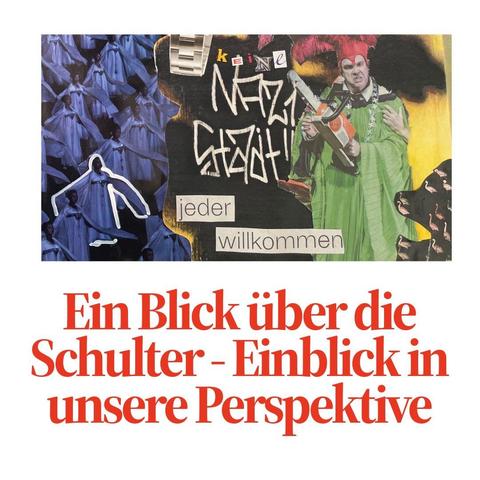 Flyer-Vorderseite mit der Aufschrift: Ein Blick über die Schulter - Einblicke in unsere Perspektive