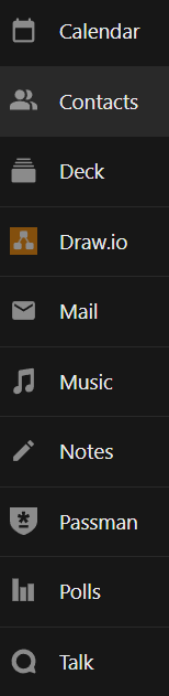 Menu applications abonnés : Contacts, Deck, Draw.io, Mail, Music, Notes, Passman, Polls, Talk