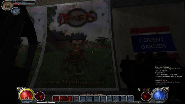 Screenshot of a game, with a classic Diablo-like interface – two orbs of health and mana, a hotbar for abilities, some quest goals, etc. – but from a first-person perspective, with a futuristic machine gun on the right. Our character looks at a wall in the Covent Garden tube (metro) station with a poster for another game. The poster shows a gnome-like person with blue spiky hair, very long ears, and pince-nez sunglasses. The gnome is wearing green and brown leather armor and holding a sword, and stands in a grass field.