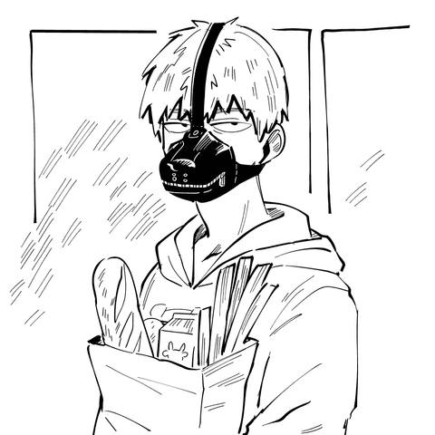 Mob Psycho 100 fan art. A drawing of Reigen wearing a hoodie. He seems to be walking somewhere, a bag of groceries in his arms, with a baguette, a milk carton, and a leek peeking out of it. Reigen looks at the viewer with a neutral expression. He's wearing a snout-shaped leather mask with  a zipper keeping the mouth shut.