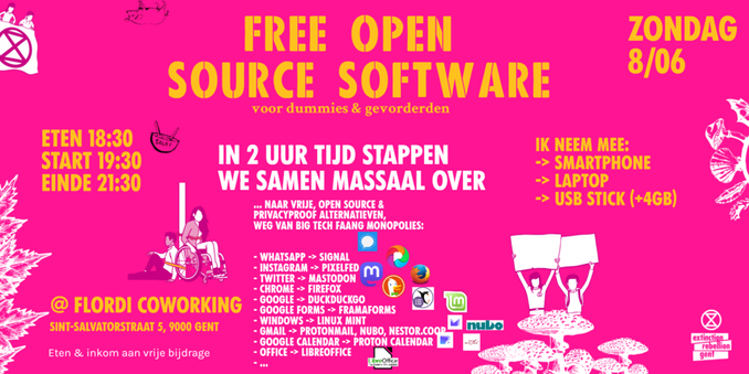 Flyer van het Free open source software event in Flordi. Meer info op https://flordi.be/event/free-open-source-software-juni/.
