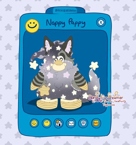 my oc nappy pappy the starry themed sleepy themed dog redesigned to look like a club penguin and also in the club penguin profile thingy

this is super nostalgic to me idk