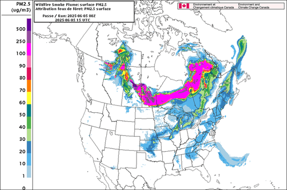 Concentracions de partícules PM2.5 atribuïbles a les columnes de fum d'incendis forestals (Environment and Climate Change Canada)