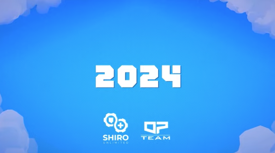 Captura de pantalla de un trailer. Pantalla de fondo azul con nubes. En el centro pone en grande "2024" y abajo los logotipos de desarrolladores y publishers (Shiro y OP Team).