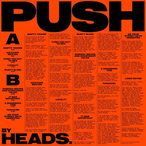 Album cover of Push by the band Heads., and orange background with black sans serif songs lyrics