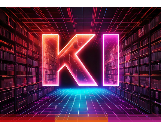 Titelbild des Jahresberichts: Text "KI" in Neonfarben vor einem futuristischen Raum mit Bücherregalen