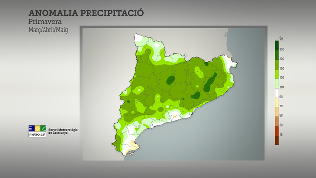 Anomalia de precipitació de la primavera del 2025 respecte a la mitjana 1991-2020 (Meteocat / 3Cat)