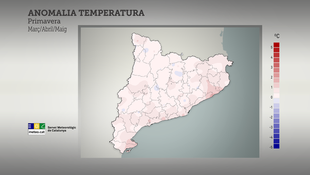 Anomalia de temperatura de la primavera del 2025 respecte a la mitjana 1991-2020 (Meteocat / 3Cat)