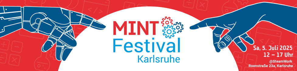 Eventbanner. Von links zeigt ein Roboterfinger, von rechts ein Menschenfinger auf das Event „MINT Festival Karlsruhe“ mit kleinen Zahnrädern am MINT. Am rechten Rand stehen Datum, Uhrzeit und Veranstaltungsort, wie im Tröt angegeben.