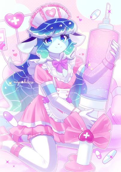 Tags: female, dog, mermaid, merdog, pink, kawaii, cotton candy, fish, marine animal, blue water hair

Mutya in a pink nurse lolita fashion. She's holding a giant syringe with colorful sparkly liquid in it.