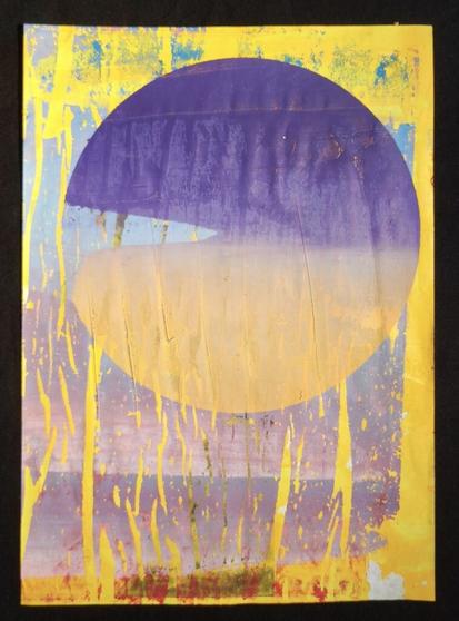 a screen printed collage with yellow, orange, purple, blue and some red stains. There is a circle which fades from purple to pastell orange, on the left side a piece of the circle is missing.